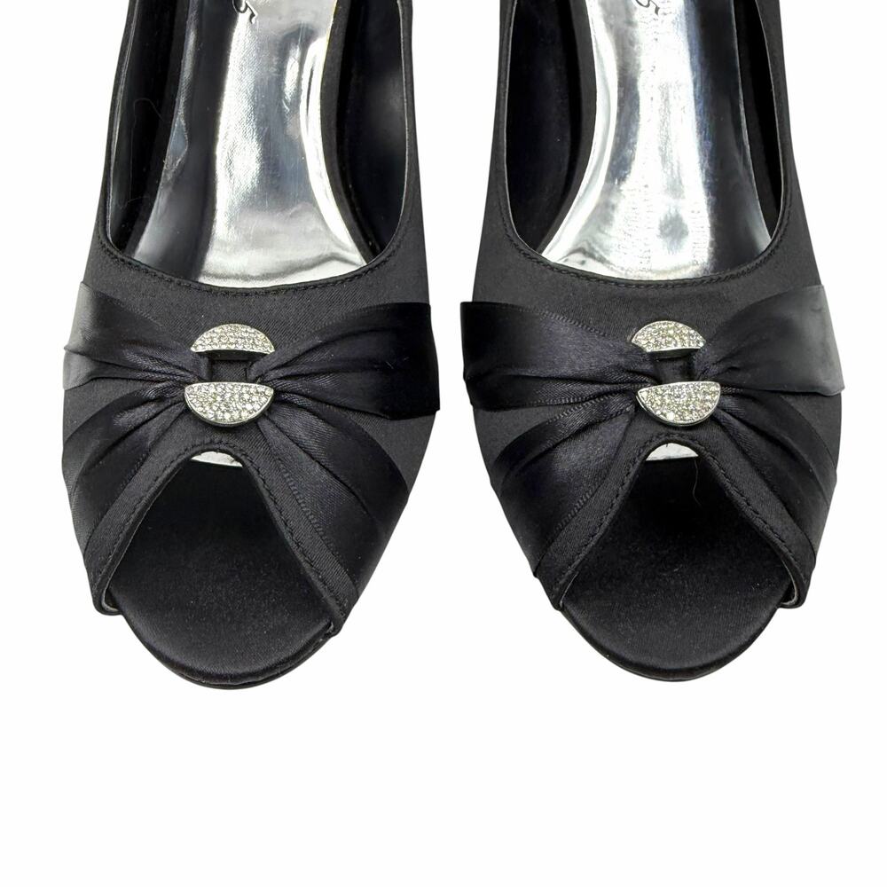 Easy Street Alive 5 Vintage Y2K Black Satin Rhinestone Peep Toe Kitten Heels 12 - Picture 4 of 7